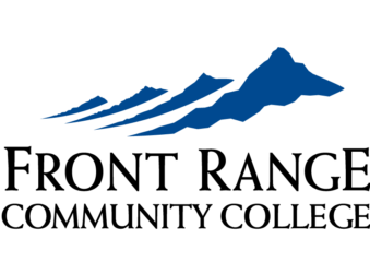 a logo for front range community college with a blue mountain