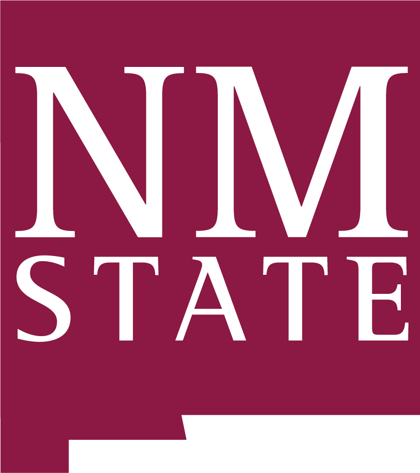 a logo for nm state in white on a maroon background