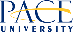 a blue and yellow logo for pace university