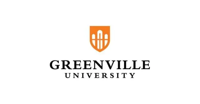 a logo for greenville university with an orange shield on a white background