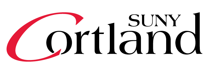 a red and black logo for suny cortland