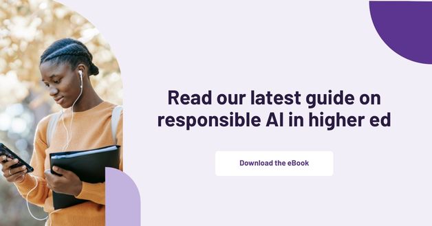 Female college student looking down at her phone alongside the text "Read our latest guide on responsible AI in higher ed. Download the eBook."