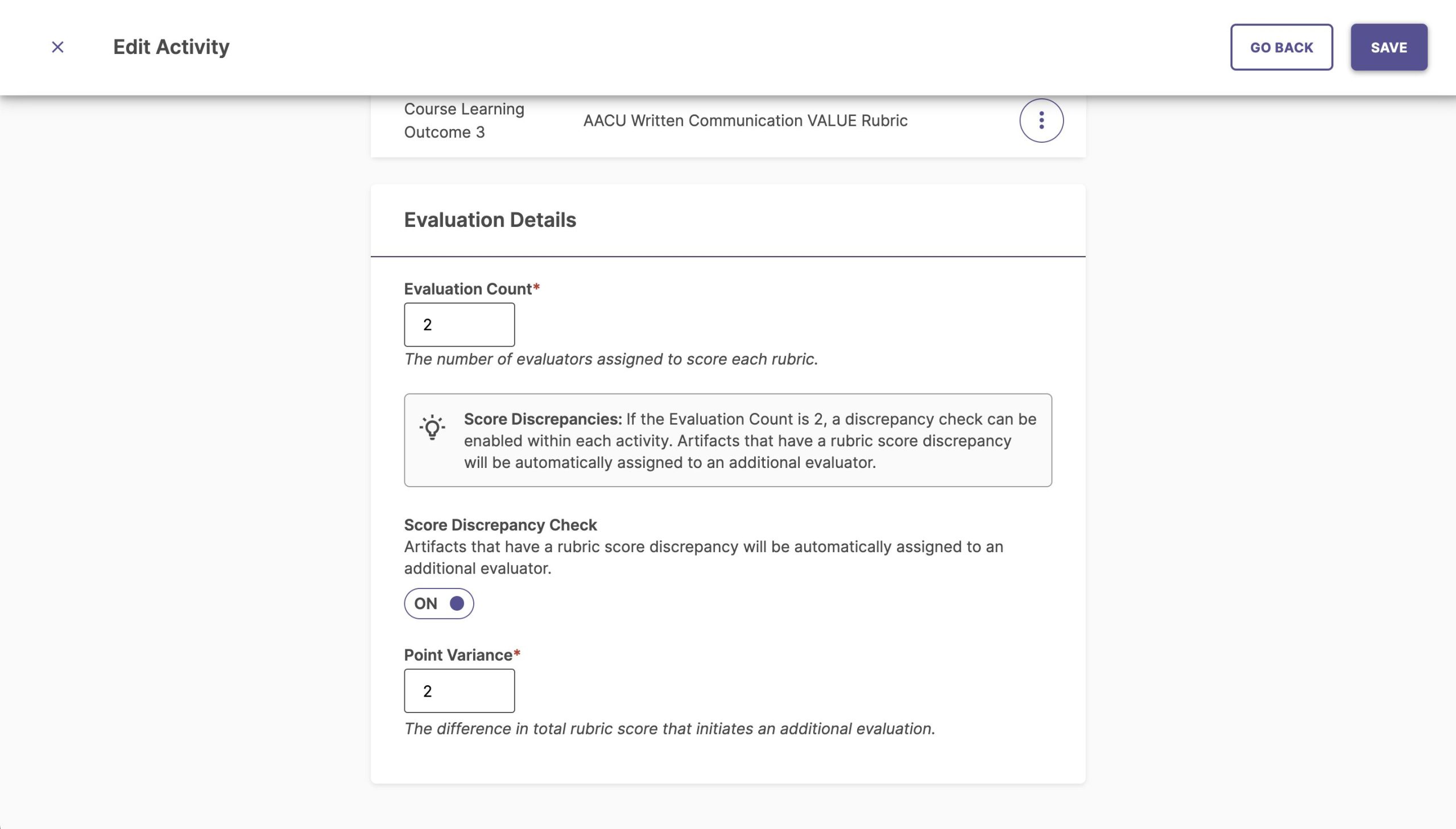 Evaluation Details settings in the assessment project activity editor - Evaluation count field, score discrepancy check on-off toggle, point variance field