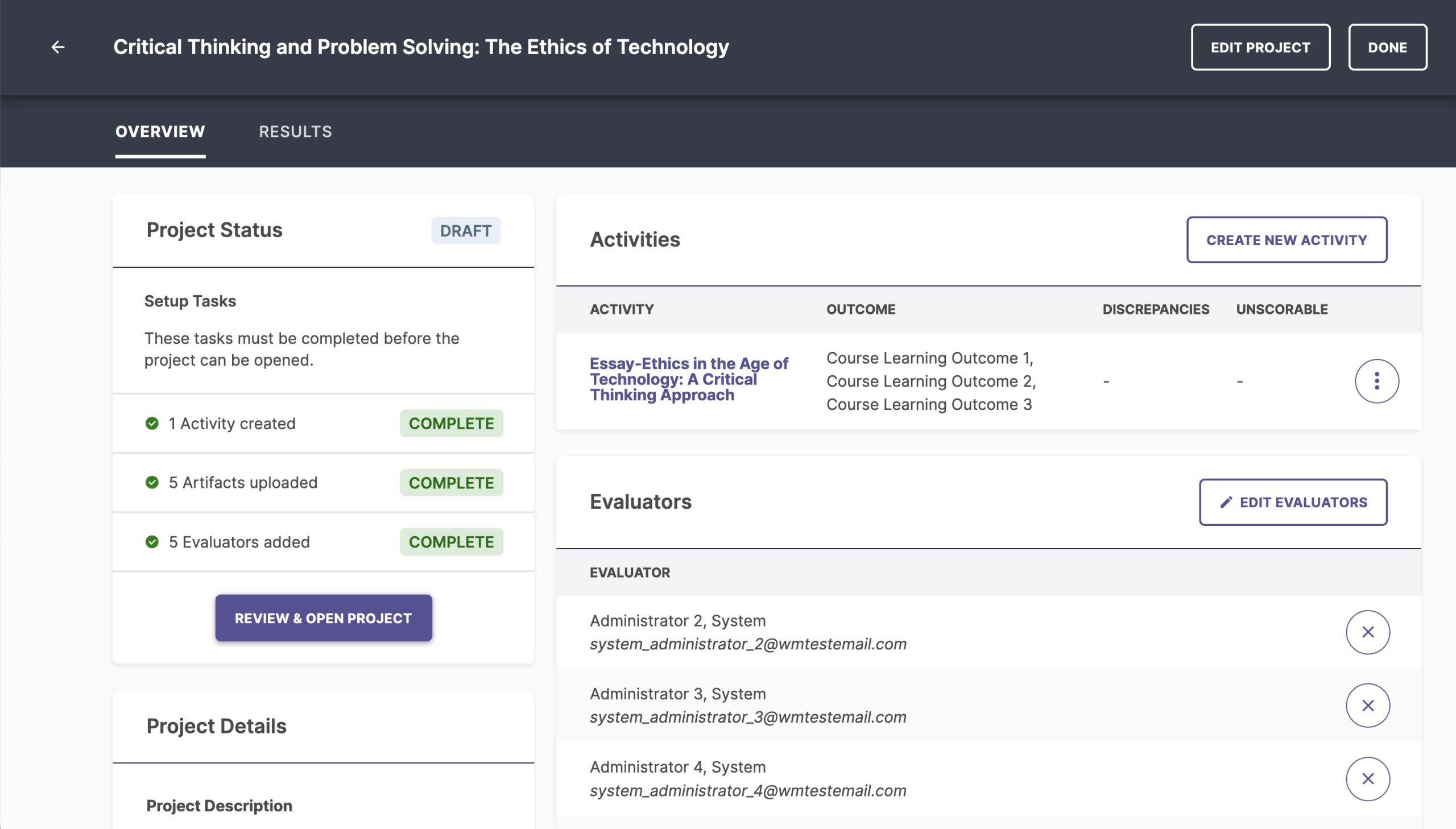 Assessment project homepage for administrators, wit, project status, setup tasks, project details summary, activities list and evaluators list