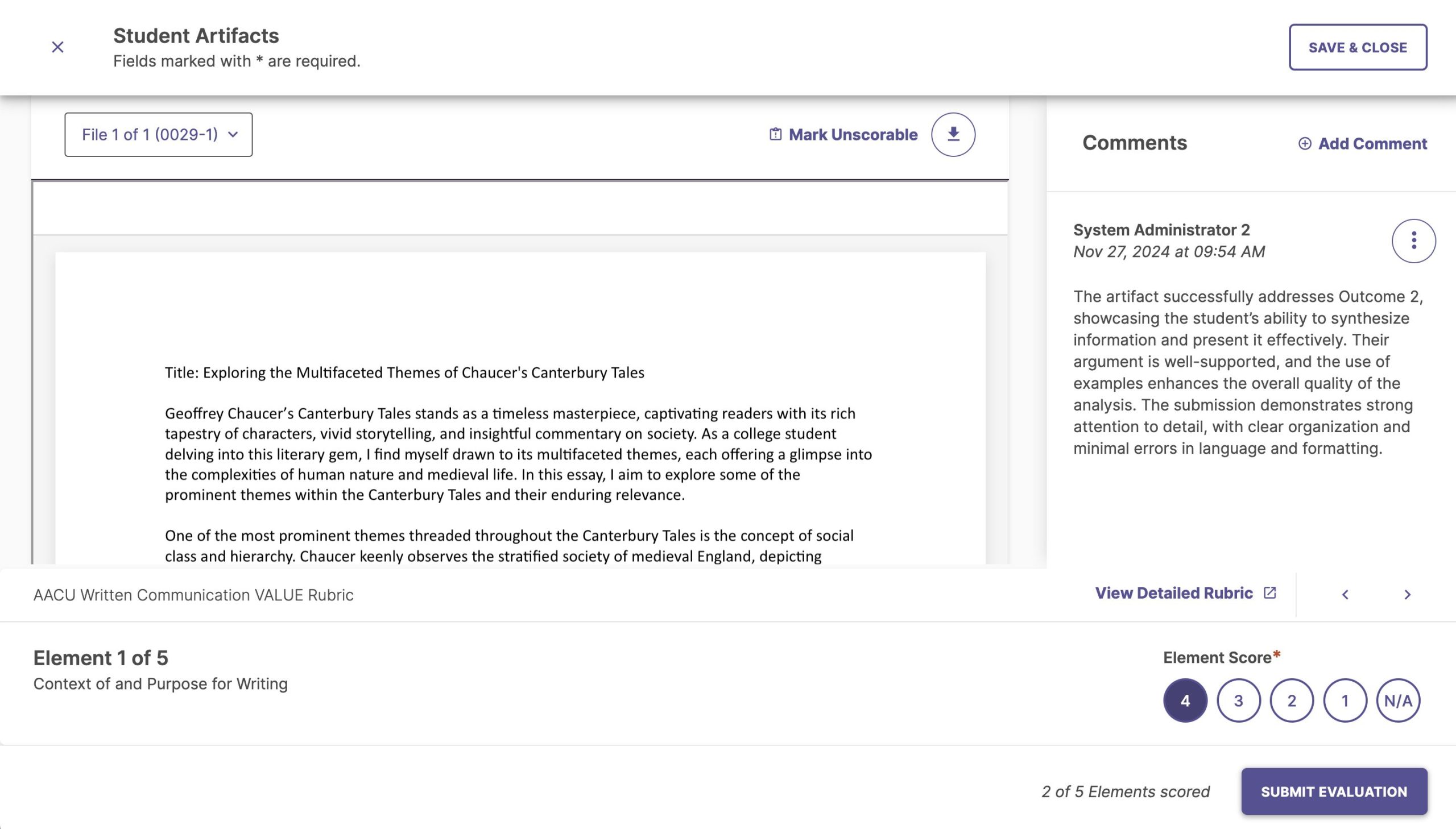 An evaluator’s student artifact evaluation screen with artifact on left, comment box on right, and rubric and score entry on bottom