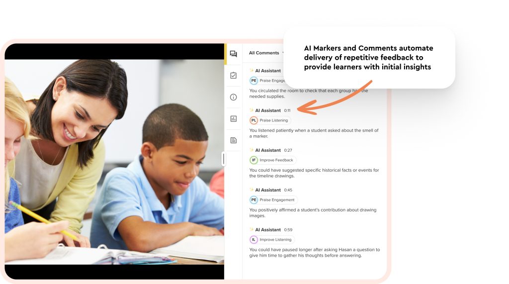 Image of a student presenting in front of the class. Next to the image is a graphics display of AI Markers and Comments, showing how these features automate the delivery of repetitive feedback to provide learners with initial insights.