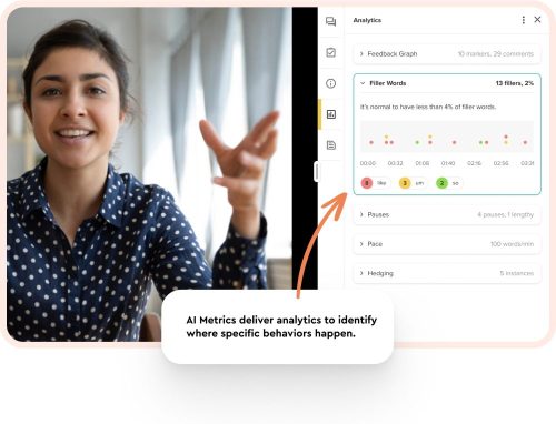 Image of a teacher helping two students with classwork. Next to the image is a graphics display of AI Metrics, demonstrating how it delivers analytics to identify where specific behaviors happen.