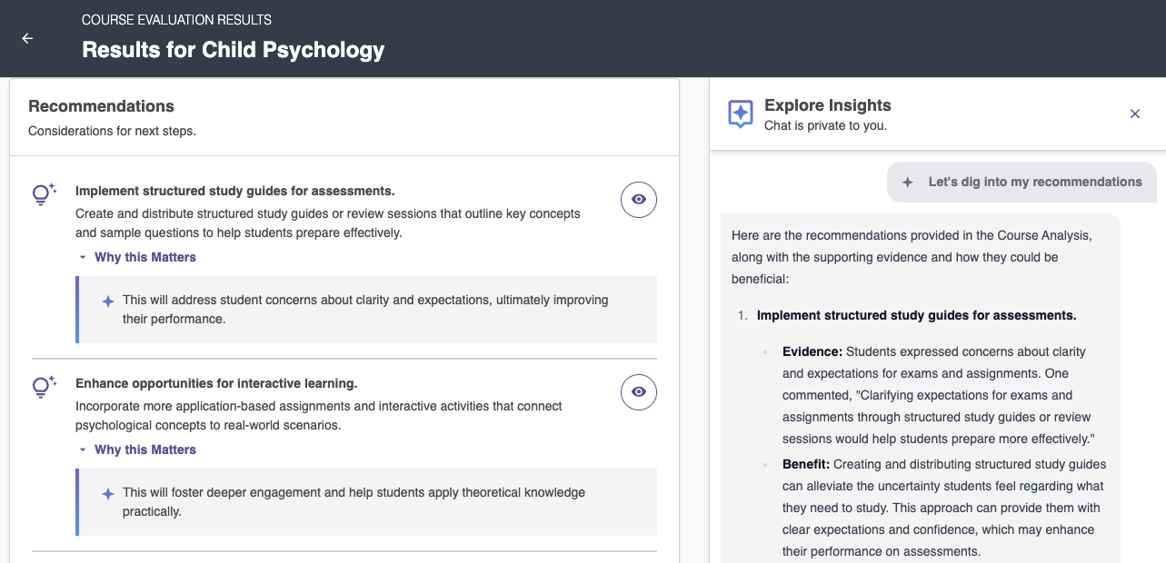 A list of recommendations and points on why each matters on the left, with a right-side flyout to explore and review the background for the recommendations.