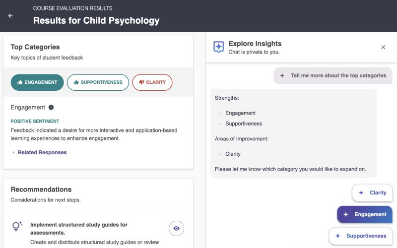 Drill into a specific top category for the Child Psychology course section, with the full list of categories listed on the left, and an active right-side panel with prompts to drill into the details on each category.