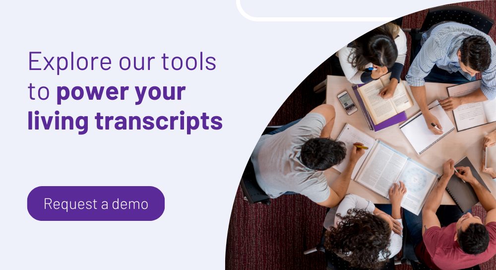 Students collaborating around study materials with text promoting education software tools to enhance living transcripts, featuring a 'Request a demo' call-to-action.