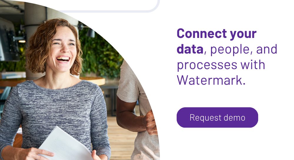 Laughing higher education professional holding a document, alongside text that reads ‘Connect your data, people, and processes with Watermark. Request demo.