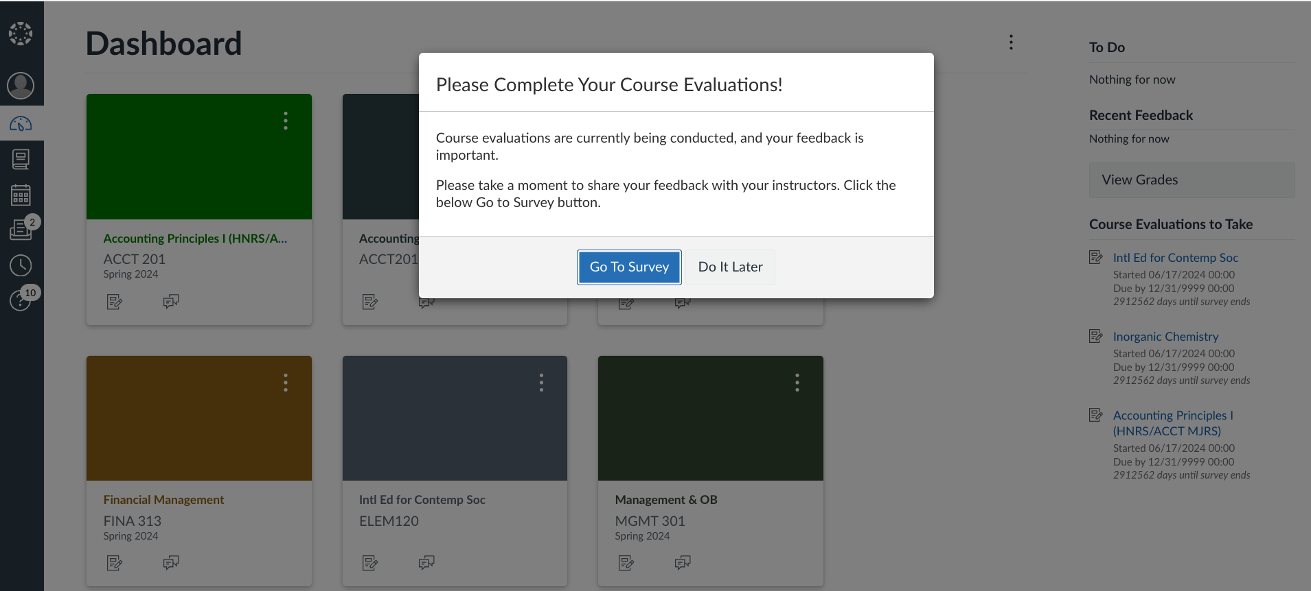 Student view of a “Please complete your course evaluations” pop-up notification in Canvas