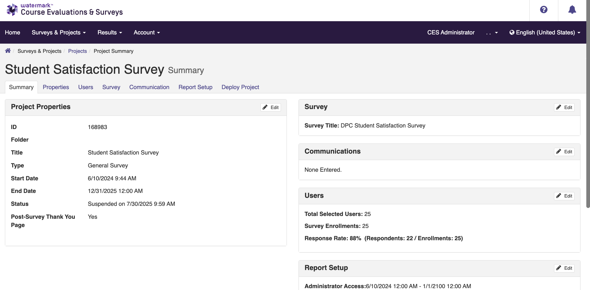 Project homepage for a student satisfaction survey