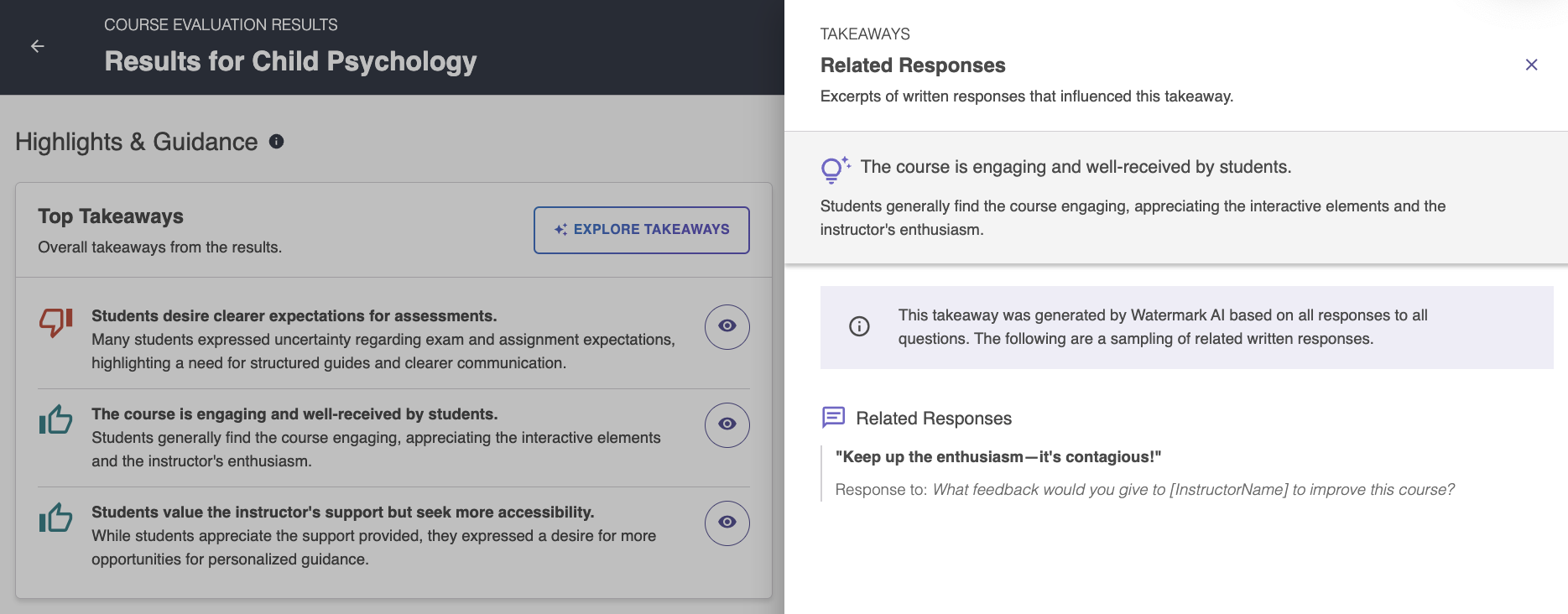 Instructor view of AI-powered top takeaways with related responses