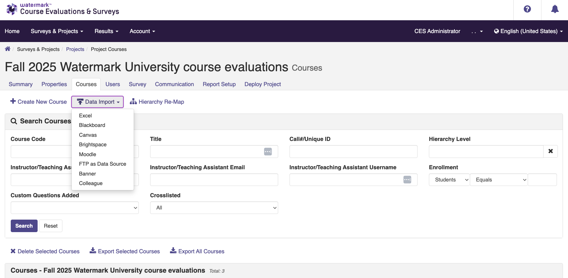 Administrator view of courses tab for a course evaluation survey project, with an expanded dropdown list of data import source options
