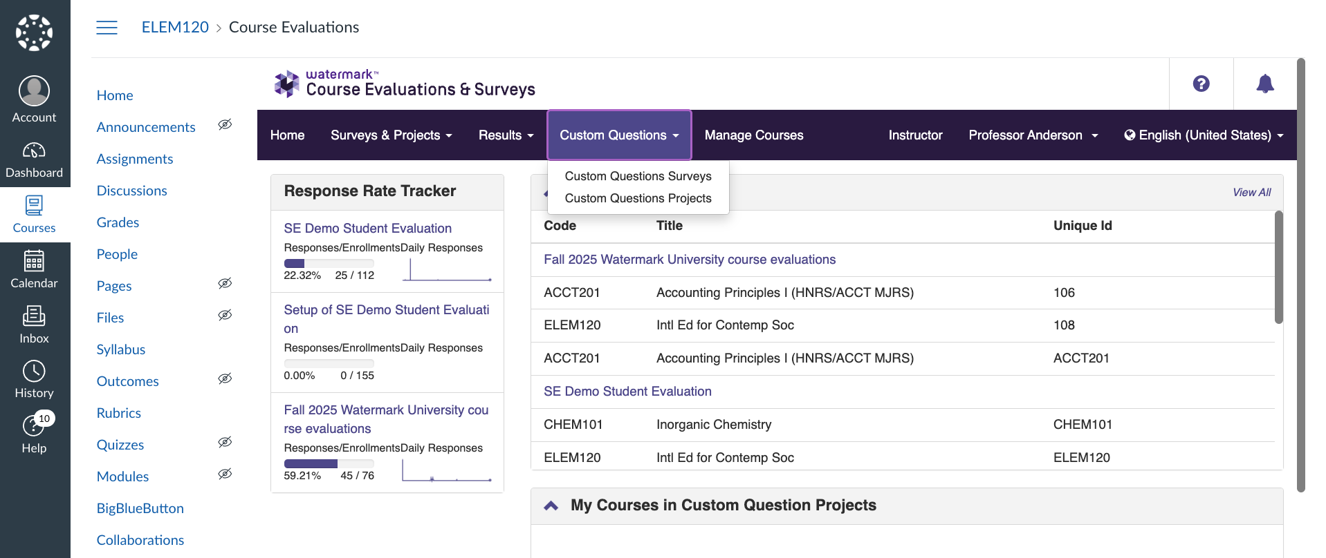 Instructor view of Watermark CES inside Canvas with options to add custom questions to surveys for their courses