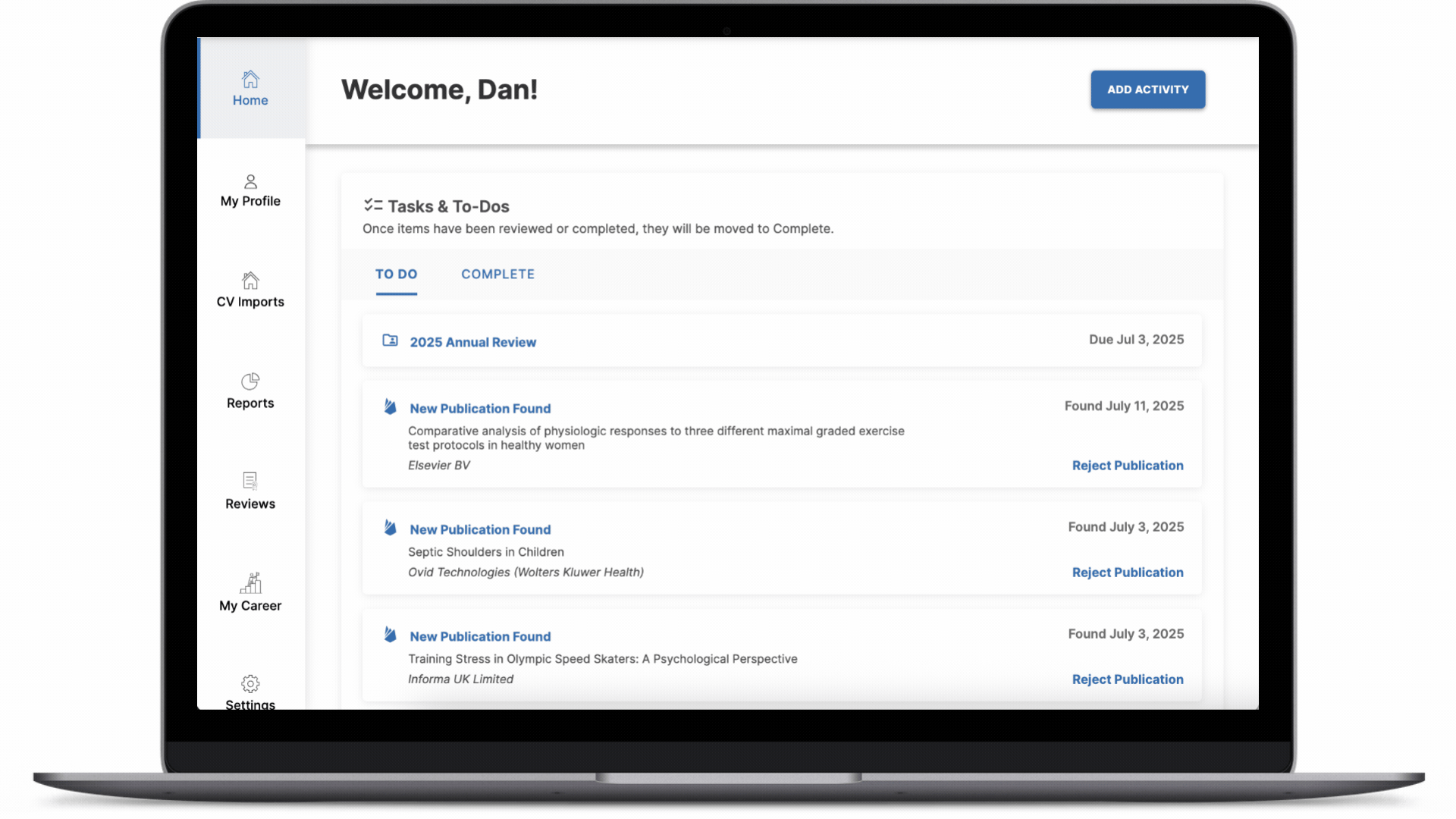 GIF showing a user pasting three citations, the system parsing them into three activity records, and a user saving them to their profile