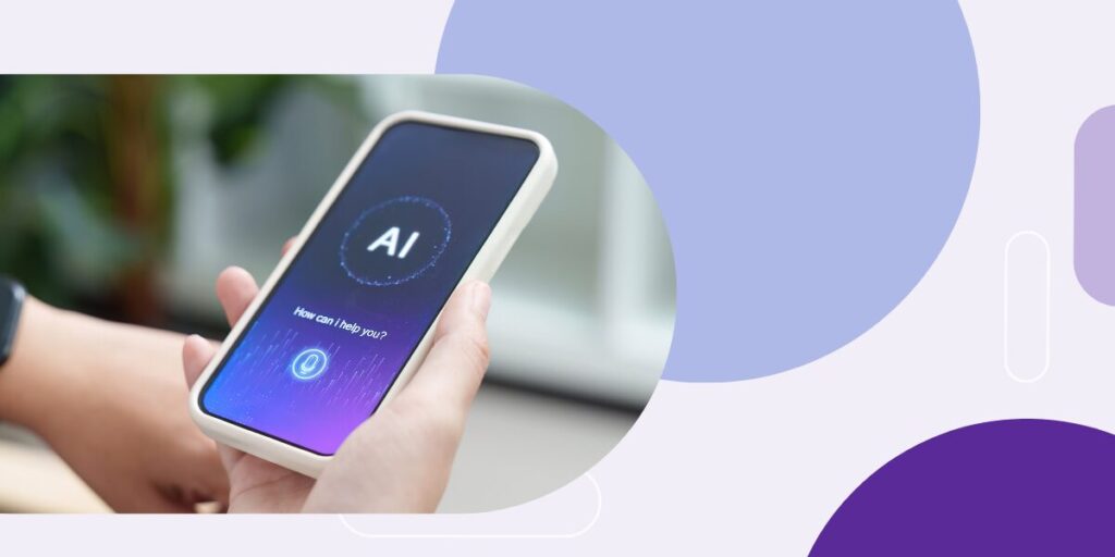 Hand holding a smartphone displaying an AI voice assistant interface with purple abstract shapes in the background.