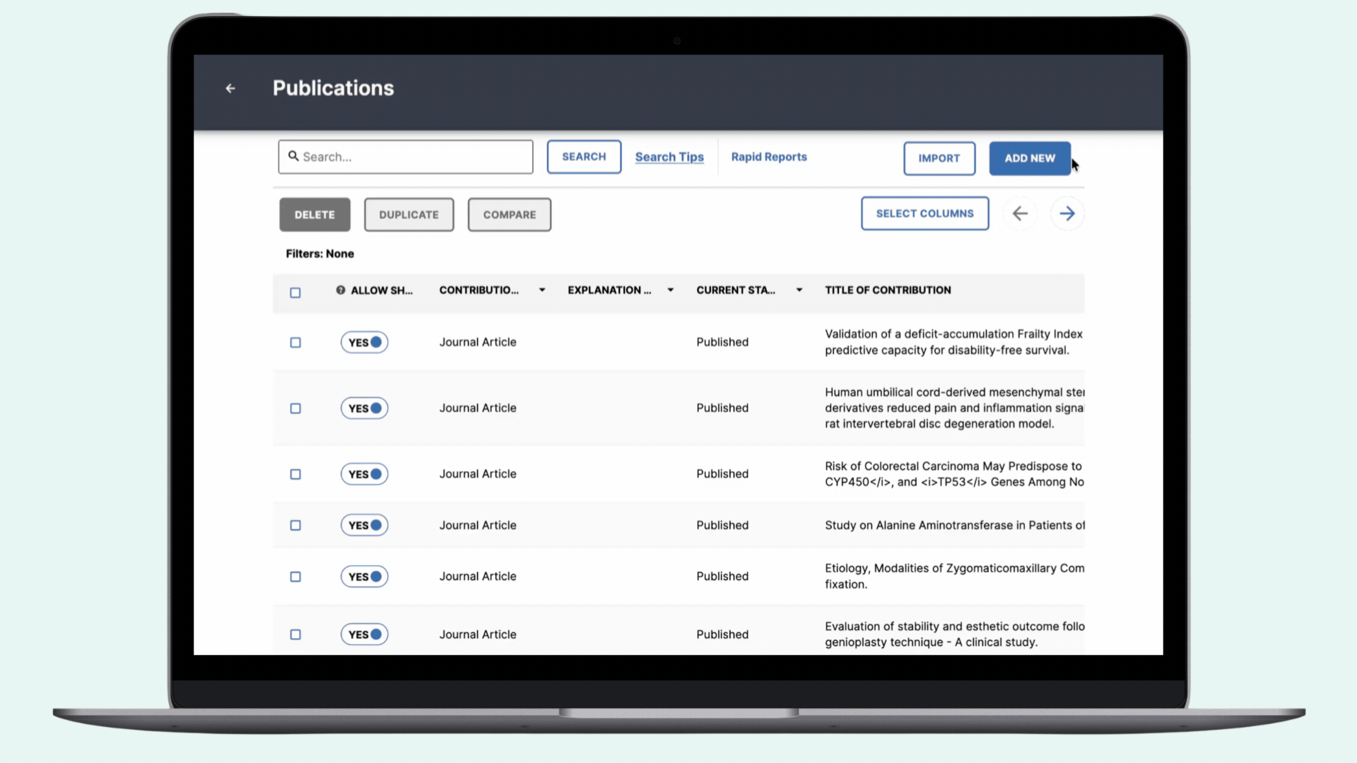 GIF of a user clicking to Import publication records from PubMed using the Author filter, reviewing 500 search results found, selecting all, and clicking “Continue”.