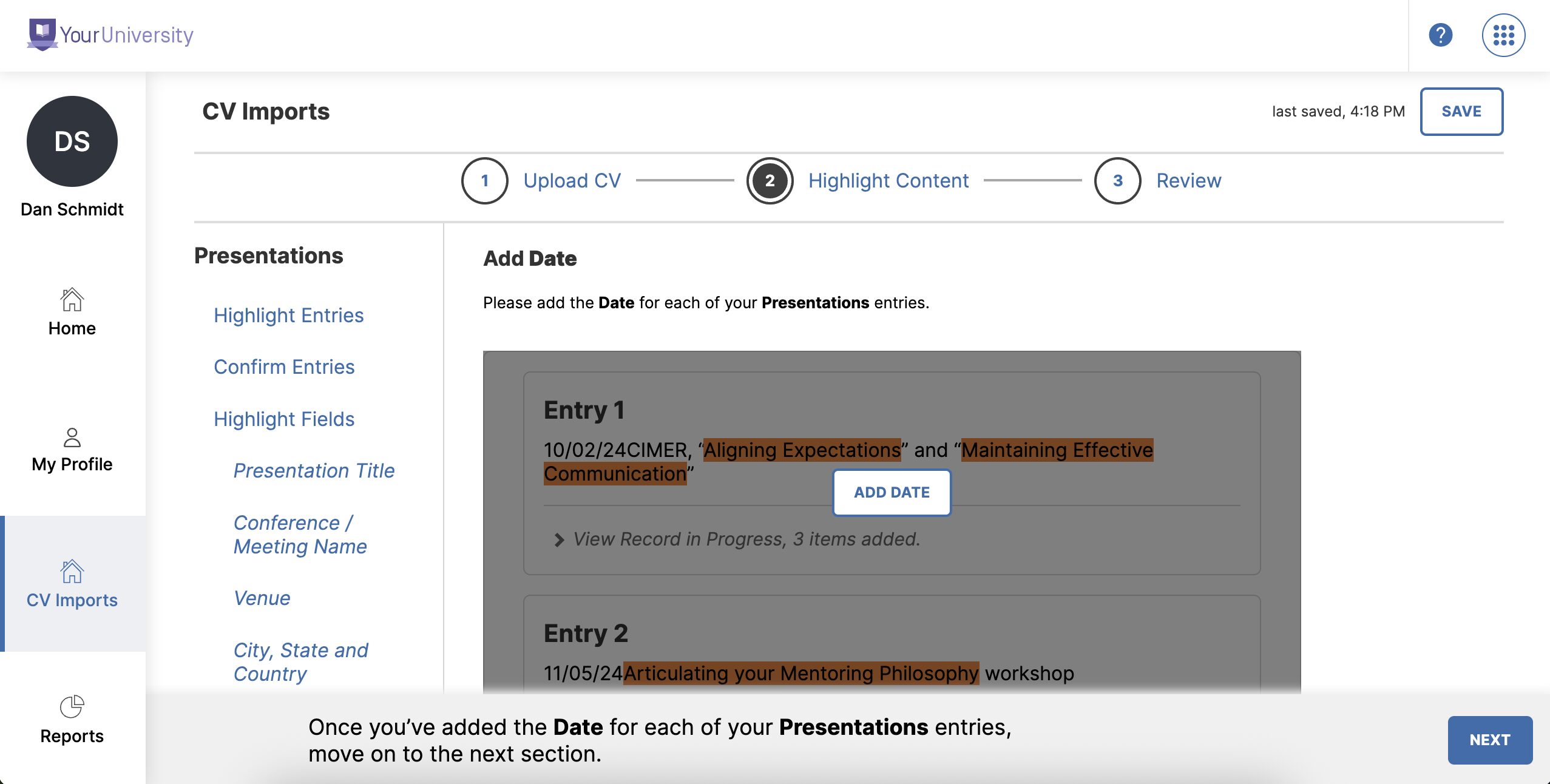 The “Highlight Content” step of the mapping-based CV Import feature, prompting the user to highlight the relevant text to add the date for the presentations found in the uploaded CV file