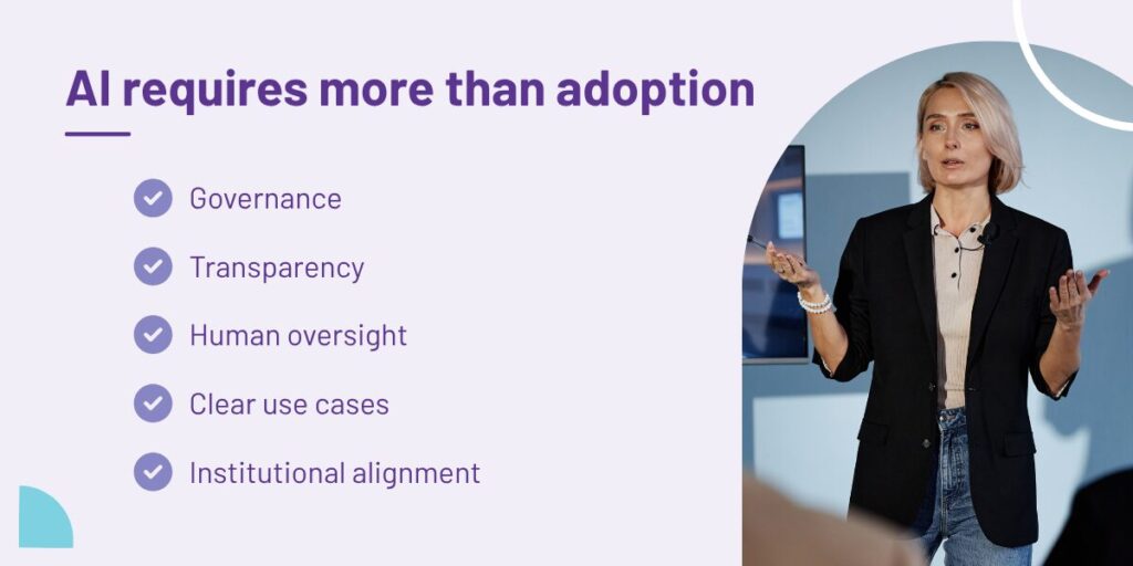 Woman presenting with text next to it: "AI requires more than adoption"