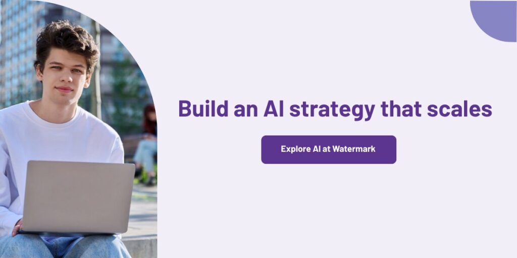 Young man sitting outdoors with a laptop with a call to action to build a scaling AI strategy at Watermark.